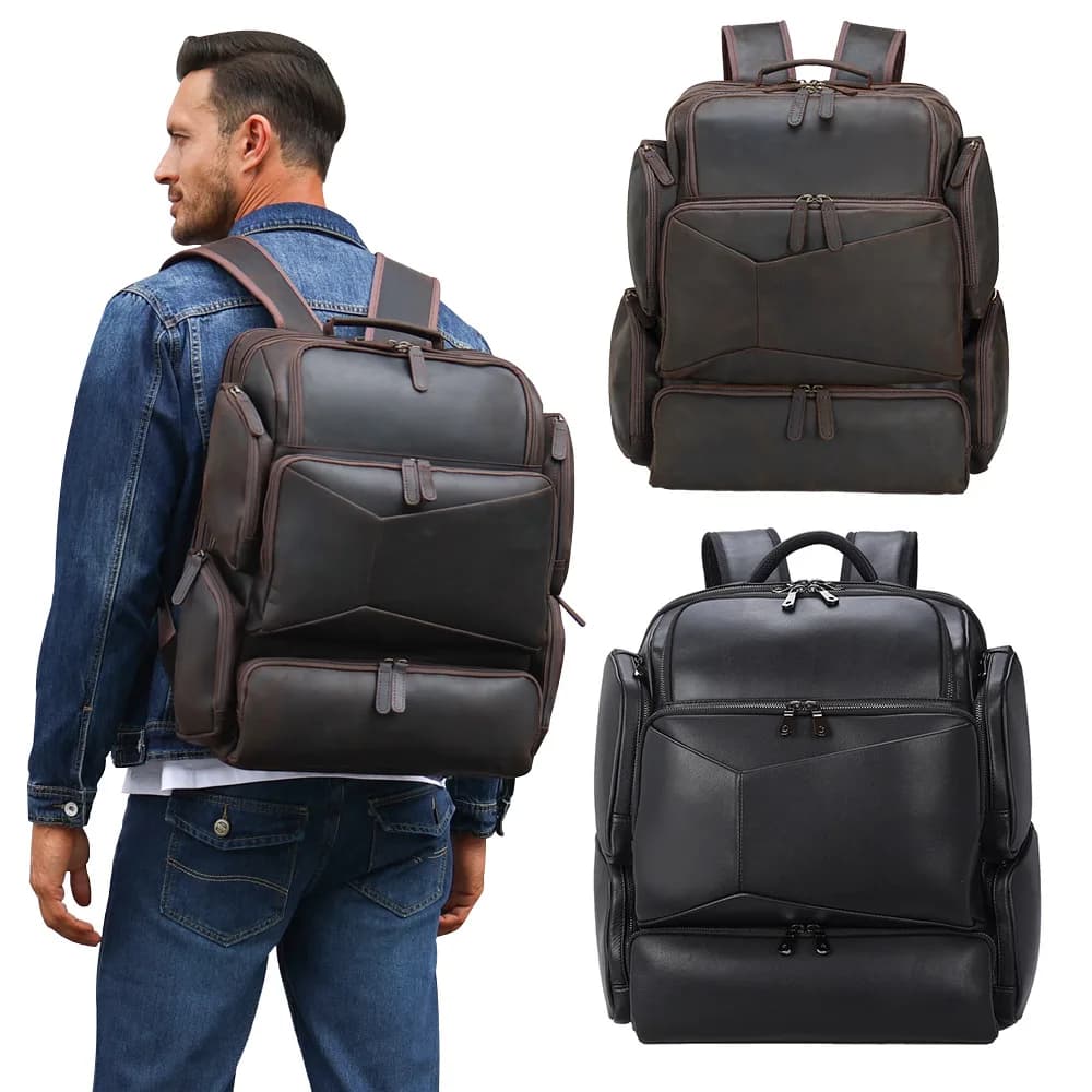 Zaino da viaggio da uomo in vera pelle, adatto per laptop da 17 pollici, zaino da scuola in pelle di mucca per studenti universitari, zaino da lavoro