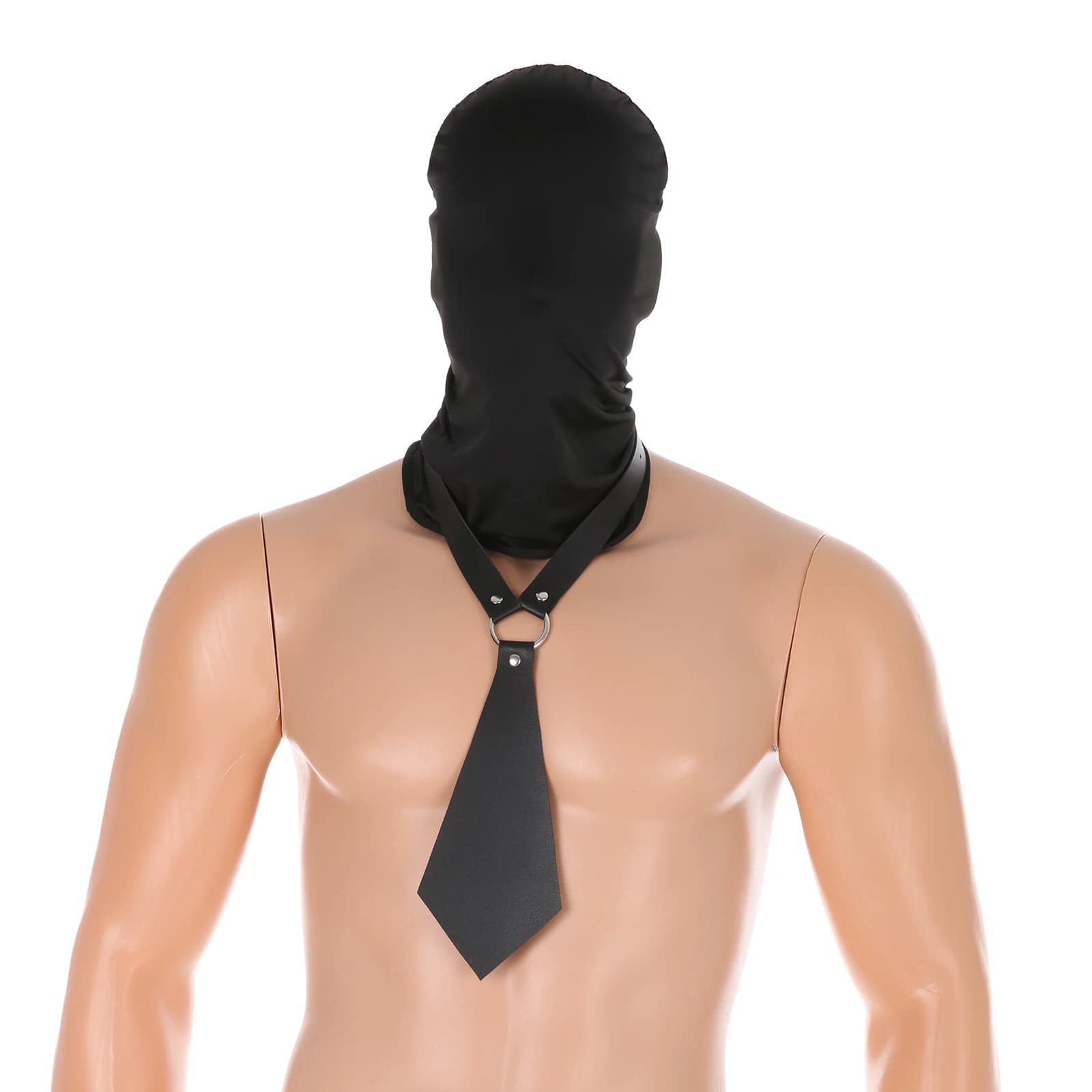 Girocollo da uomo in ecopelle con colletto a cravatta, copricapo integrale da uomo, cappello, passamontagna, set di cappelli, fetish BDSM trasparente in seta ghiacciata