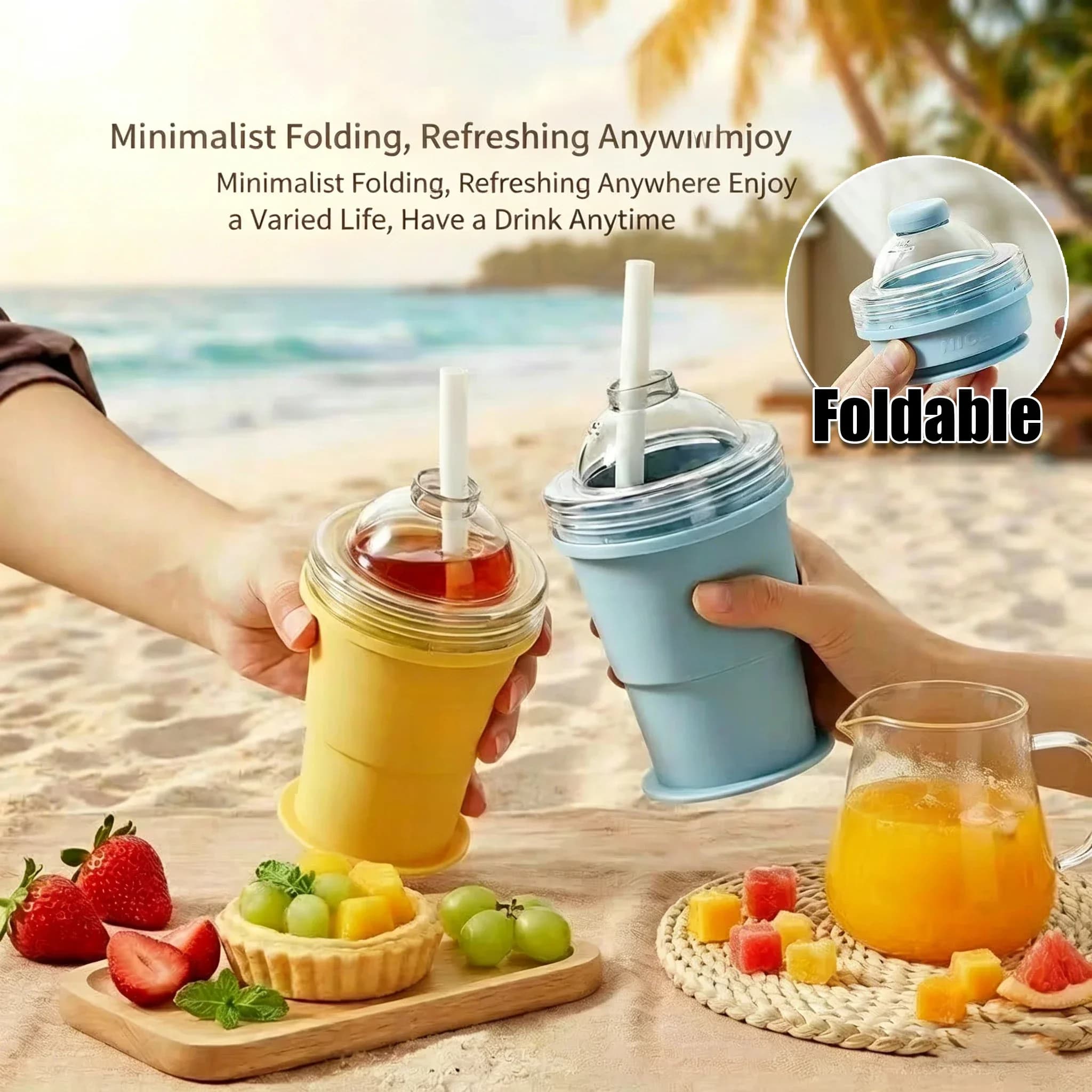 Borraccia Portatile Pieghevole 2-in-1 con Sfera per Ghiaccio Integrata, Stampo per Ghiaccio e Tumbler, per Campeggio Estivo e Spiaggia