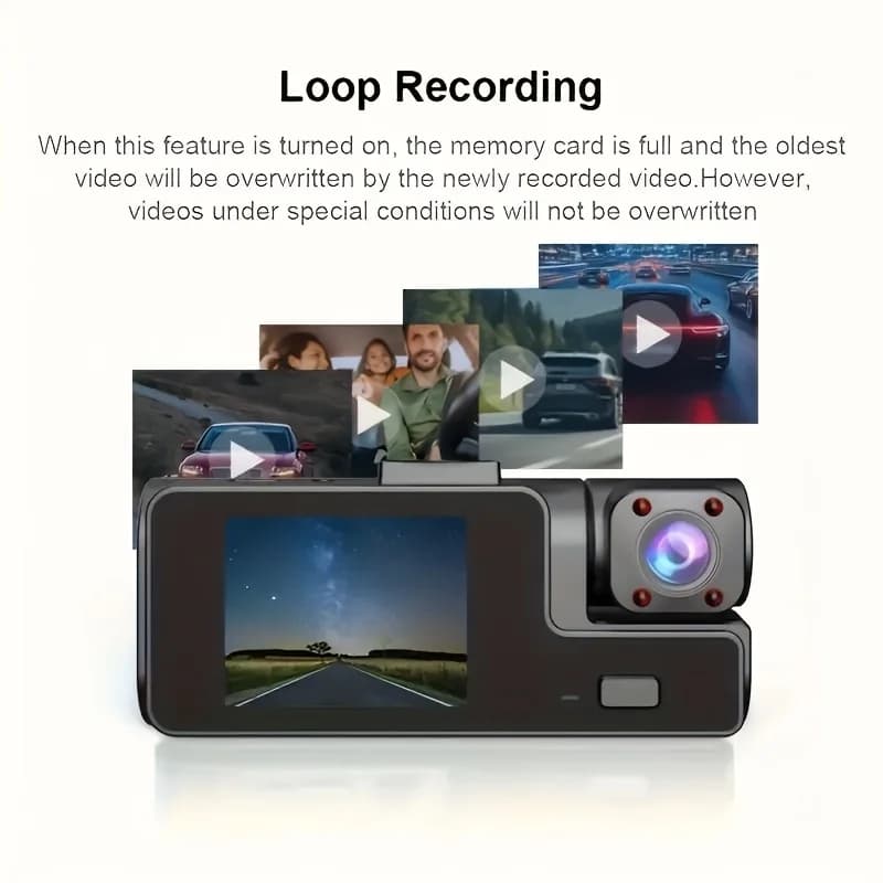 Telecamera per Auto HD 1080P con 2/3 Obiettivi, Anteriore, Interna e Posteriore, Grandangolare, Registrazione in Loop, Visione Notturna, Sensore G, Accessori per Veicoli
