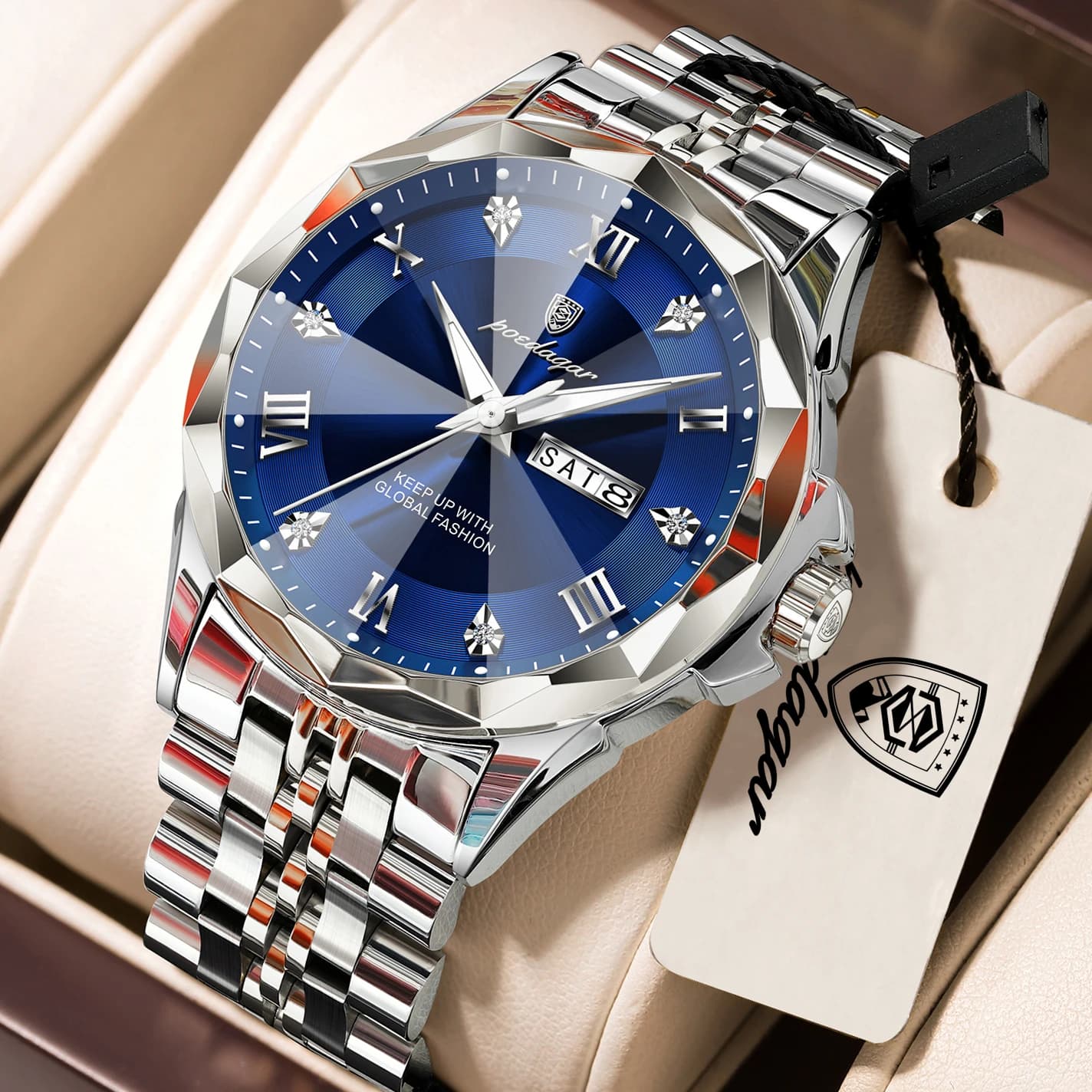 Orologio da Uomo POEDAGAR Originale, Impermeabile, Luminoso, con Data e Giorno della Settimana, in Acciaio Inossidabile, al Quarzo, Moda Maschile