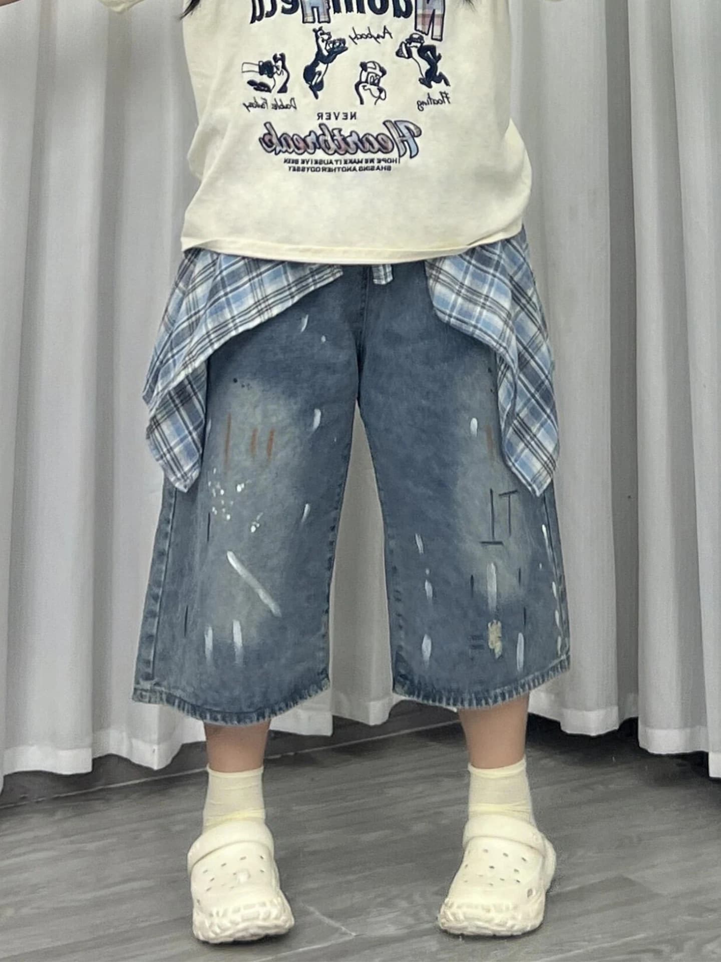 plus Size Women's Casual High Waist Wide Leg Jeans Ink Splatter Plaid Curtain Pants Slimming Versatile Summer Denim