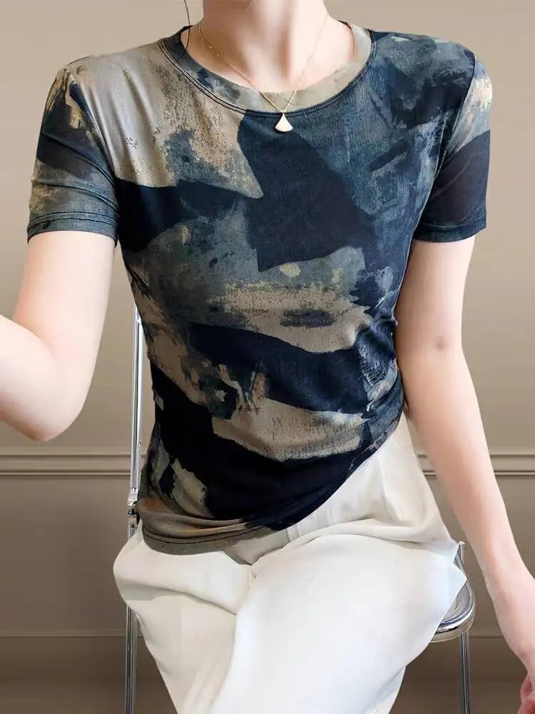 2025 Trend High Street T-shirt femminile Primavera Estate O-Collo Donna S-3XL Manica corta Tie-dye Camouflage Top geometrici Vibranti