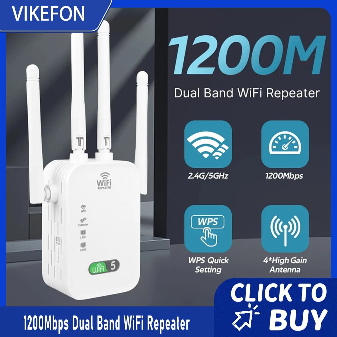Ripetitore WiFi Dual Band 1200Mbps, Estensore di Segnale Wireless 2.4G 5GHz, Amplificatore Wi-Fi, Router, Booster di Segnale a Lungo Raggio per Casa