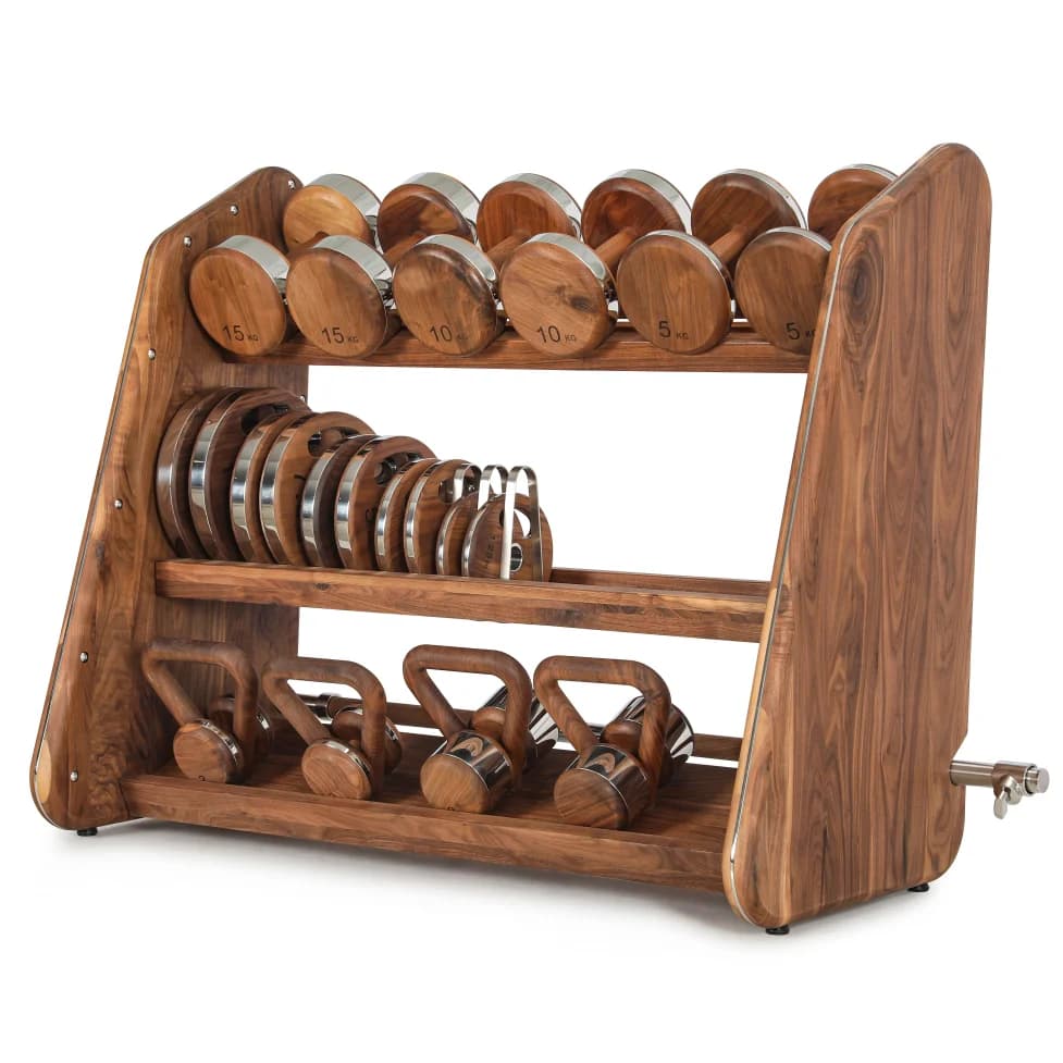 High-end luxury free-weight stainless steel combination dumbbell/barbell/kettlebell for a powerful wooden fitness set