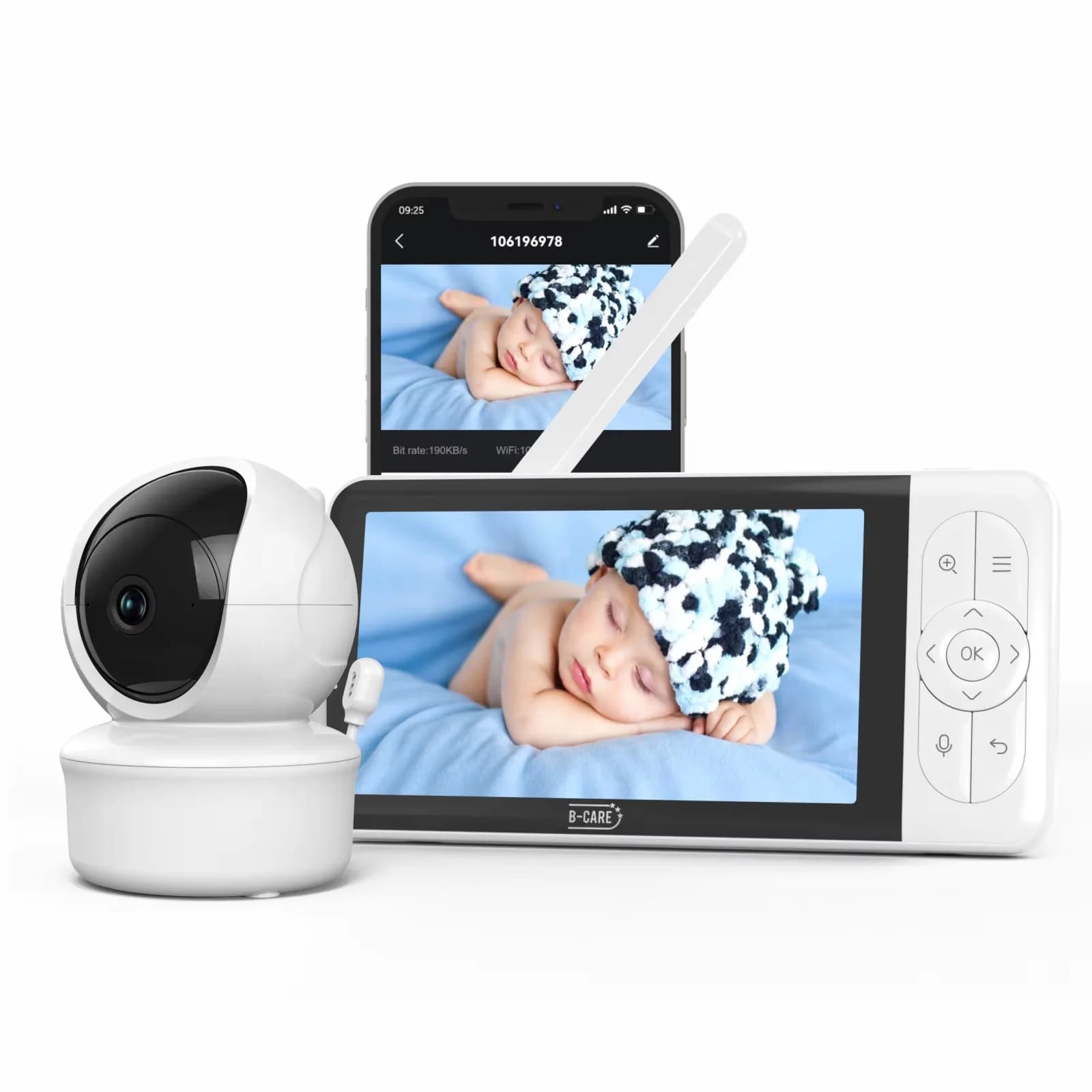 Baby monitor 5-inch Tuya, remote control via 1080P high definition WiFi mobile app, 3000 mAh battery, multi-user support.