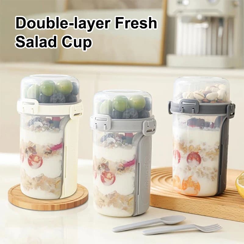 NUOVO* Set Contenitore Doppio da 600 ml per Cereali, Yogurt e Insalata con Porta Condimenti e Forchetta - Ideale per la Preparazione dei Pasti