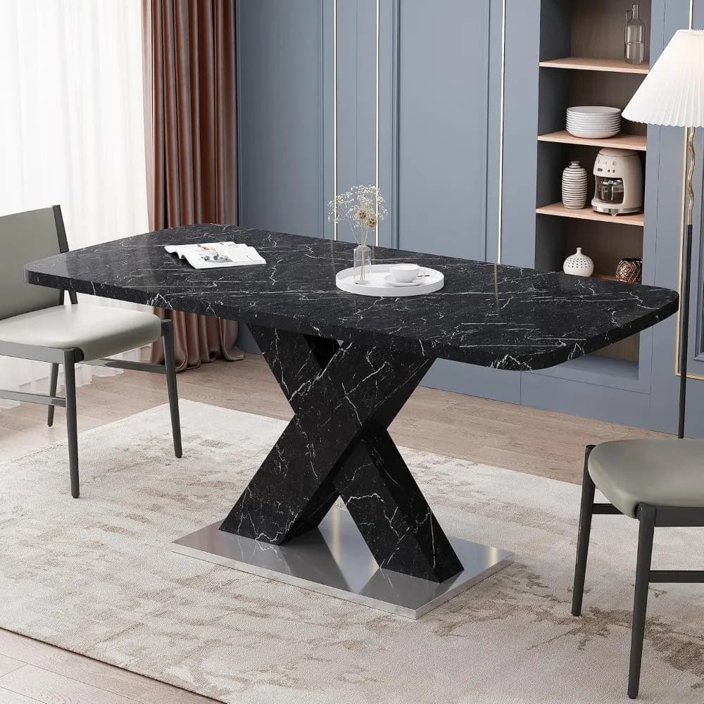 Tavolo da pranzo moderno in marmo esteso per 4-8, tavolo da cucina rettangolare con piano in marmo nero e gambe a forma di X (nero11)