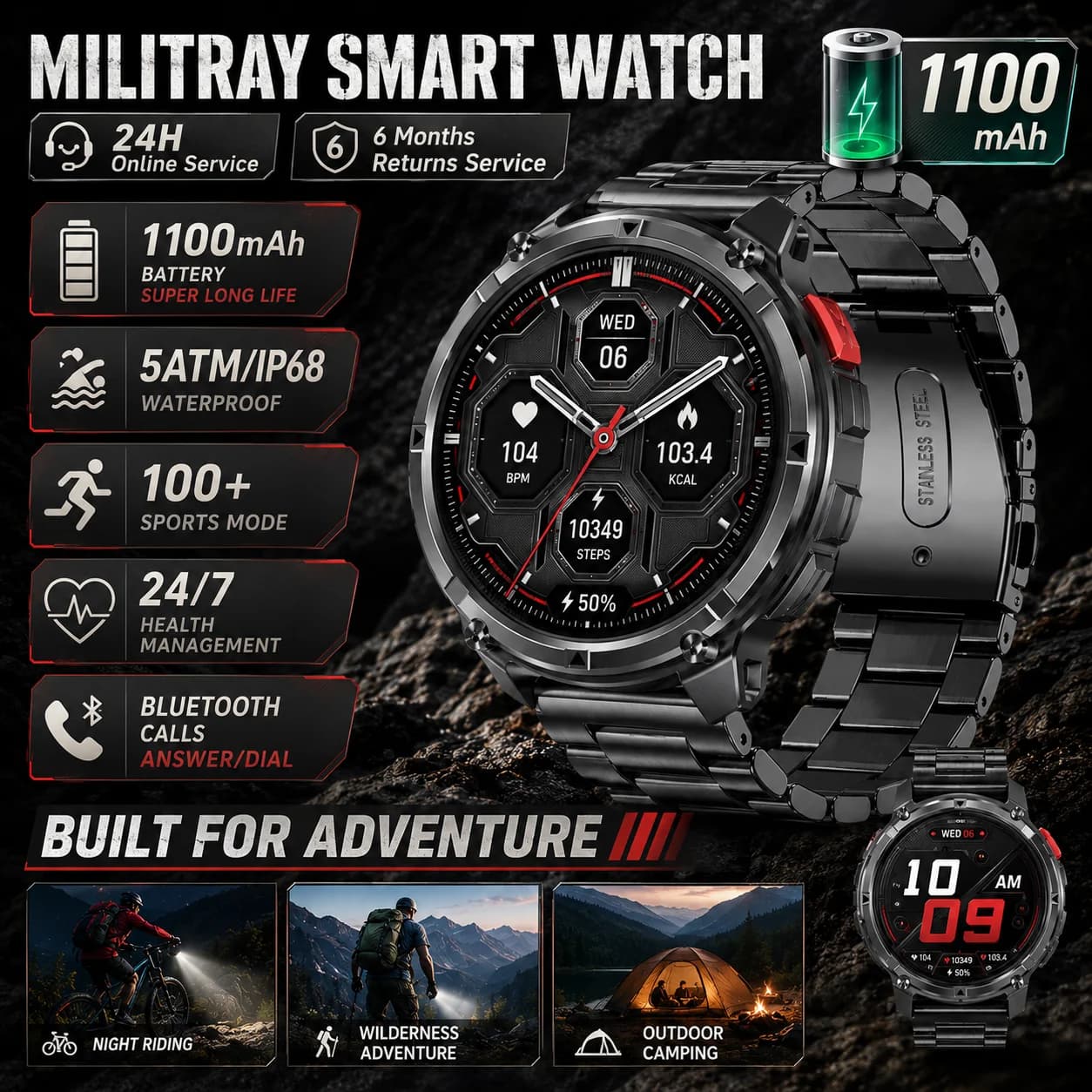 LIGE Nuovo Smartwatch con Batteria da 1100mAh, Impermeabile 5ATM, Tracker Sportivo, Bussola per Esterni, Funzioni Militari, Monitoraggio Salute 24H, per Uomo