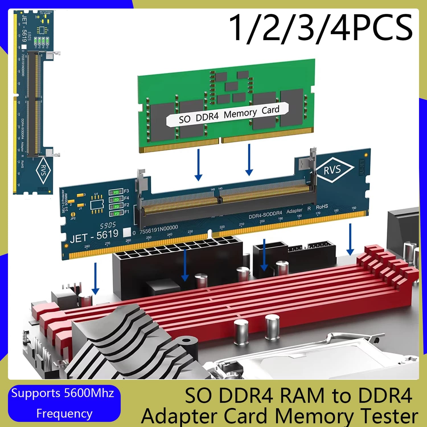 Adattatore da RAM SO DDR4 per Laptop a DDR4 per Desktop, Tester di Memoria, Convertitore da SO DIMM 4 a DDR4, Supporta Frequenza 5600 Mhz SO DDR4