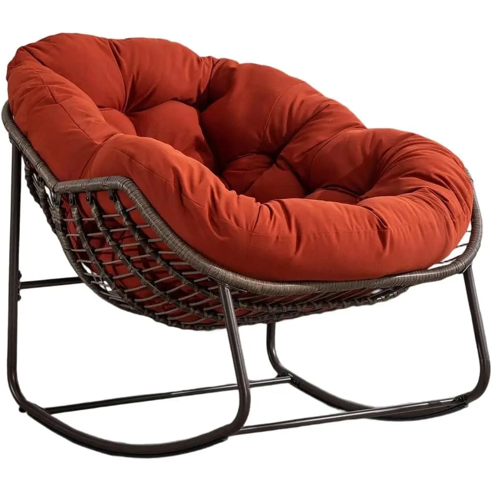 Sedia a dondolo da esterno in rattan intrecciata a mano con cuscino imbottito, design ergonomico, struttura in acciaio, 43,7 P x 37,2 L x 31,5 A, Arancione