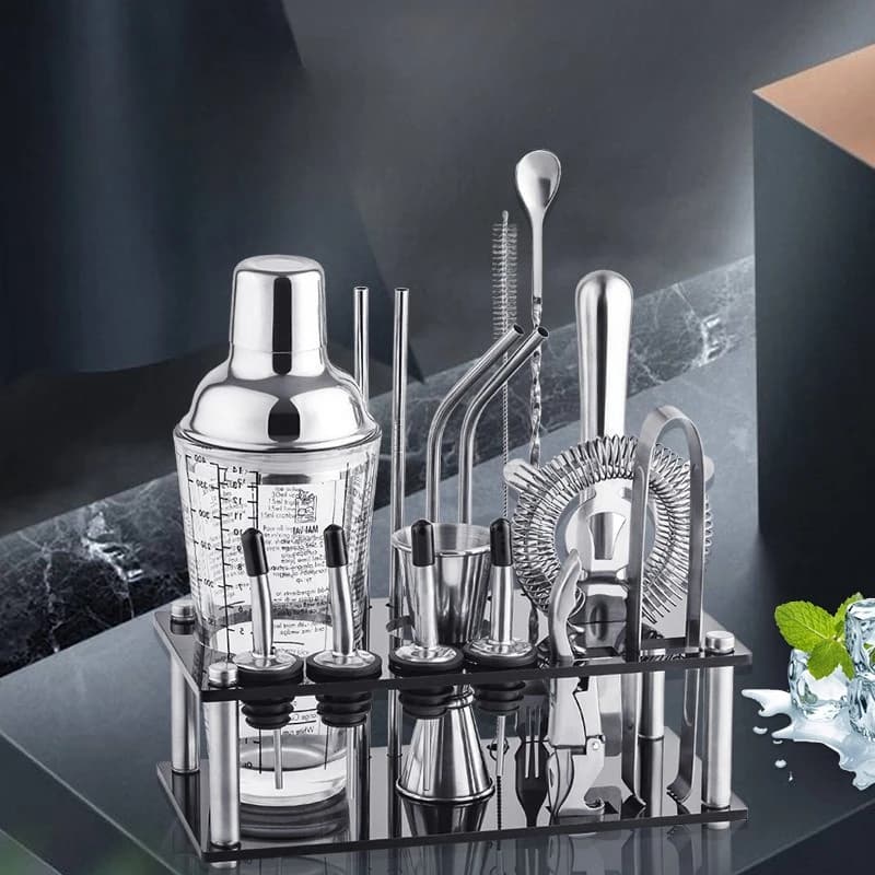 Set da bar Set da 17 pezzi Shaker per cocktail in acciaio inossidabile Scaffale in acrilico Strumenti da bar Articoli da bar a prova di perdite Cucina, Sala da pranzo Giardino domestico