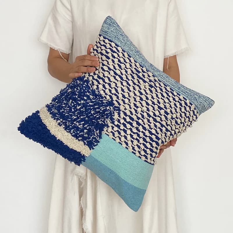 Cuscino da soggiorno in puro cotone Cuscino decorativo marocchino intrecciato a mano Cuscino geometrico blu Boho Cuscino lombare nordico