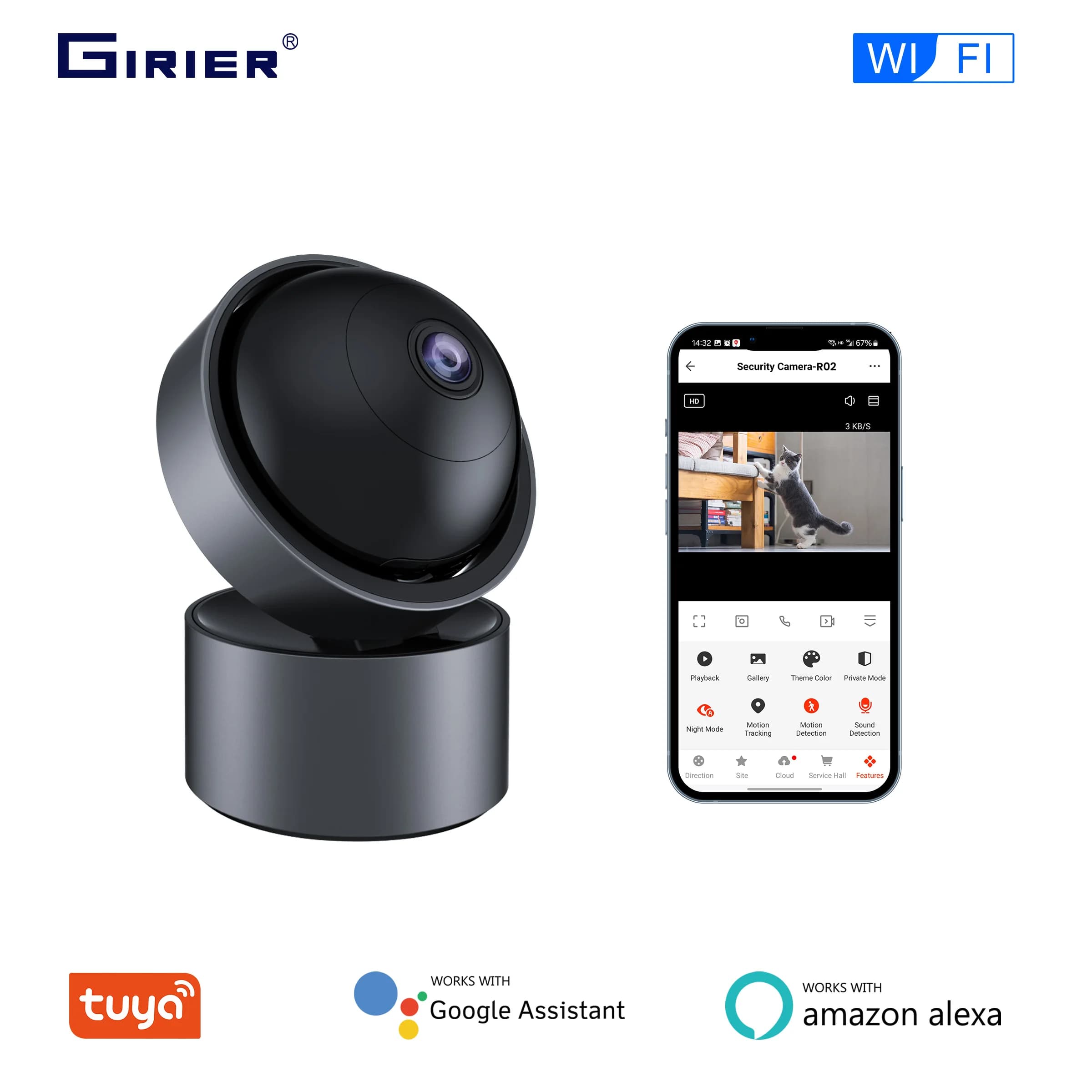 GIRIER Tuya WiFi Telecamera di sicurezza intelligente Telecamera IP interna da 3 MP per baby monitor Supporta la visione notturna Conversazione bidirezionale Funziona con Alexa