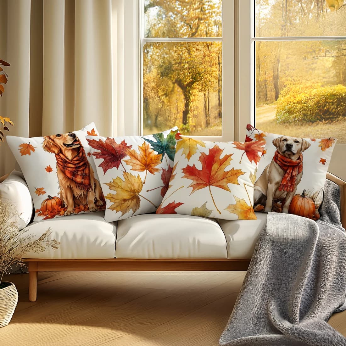 Decorazioni per la casa Fodera per cuscino con motivo a forma di cane e foglia d'acero autunnale adatta per divano, camera da letto, auto