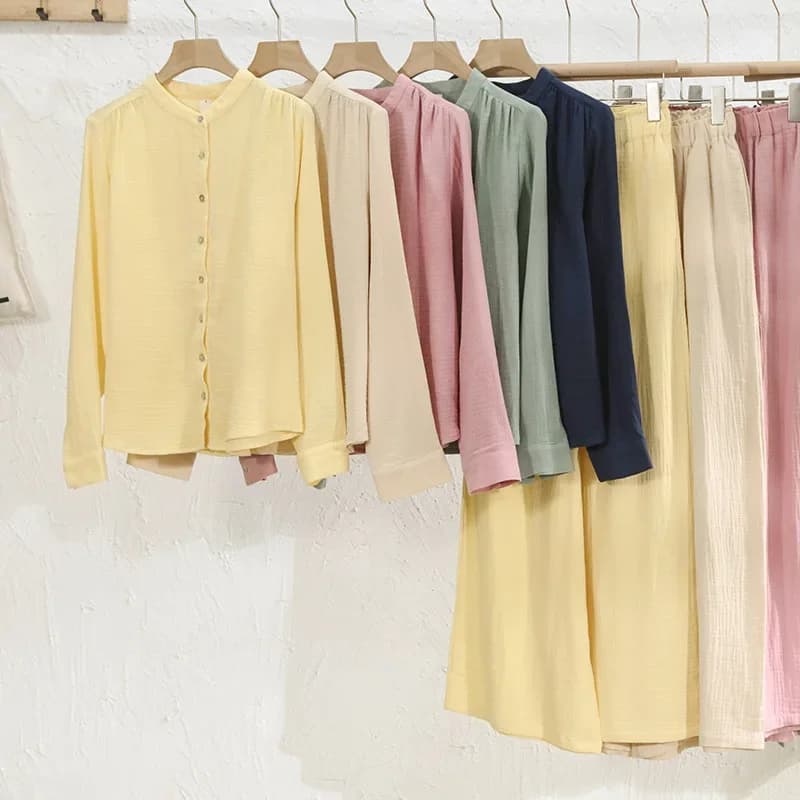 Pigiama in mussola 100% cotone per donna set da 2 pezzi indumenti da notte a maniche lunghe larghi pantaloni Casual da donna tute da notte tuta da notte