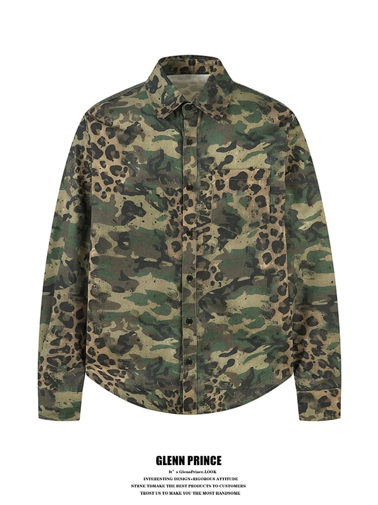 Camicia mimetica a maniche lunghe da uomo American High Street, giacca da lavoro dal design accattivante, con stampa leopardata e blocchi di colore.