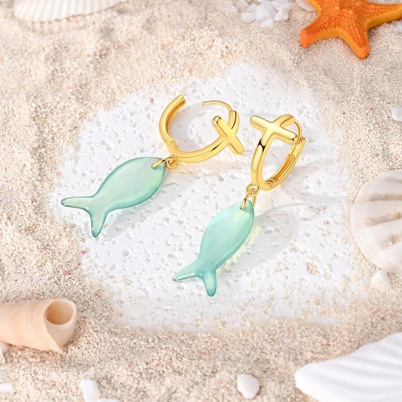 New 925 Sterling Silver Golden Cross Fish-shaped Shell Women Earrings Brilliant Wedding Engagement Star Earrings Jewelry Gift