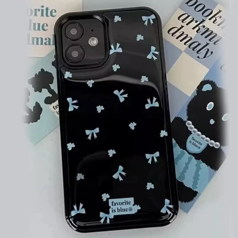 Custodia per telefono coreana blu con fiore, fiocco, nastro, cartone animato, simpatica, per iPhone 17 16 15 14 13 12 11 Pro Max Plus, cover creativa Y2K