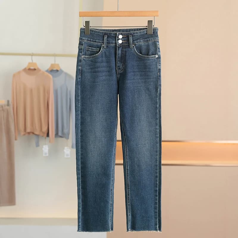Street Style Faded Hem Straight Leg Stretch Denim Jeans High Waist Nine Points Cotton Elastic for Women New Arrival Spring