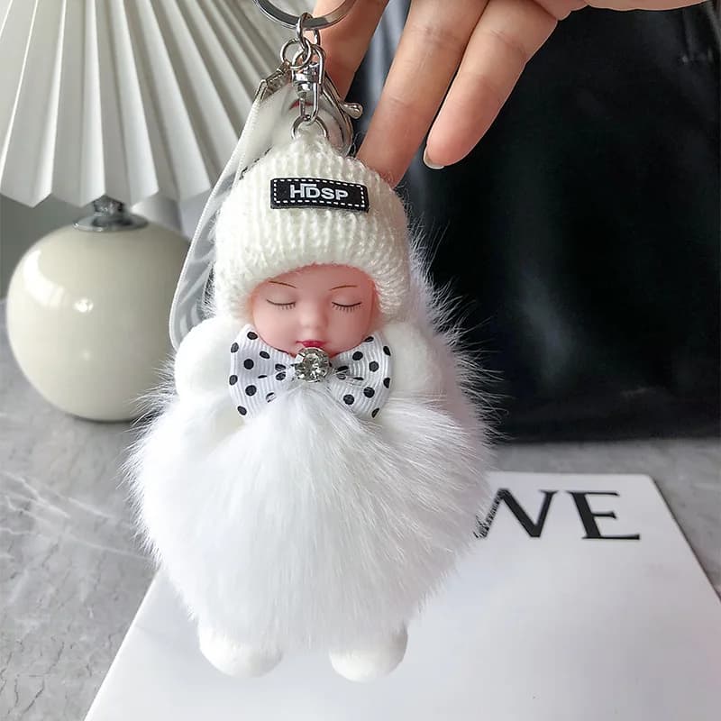 New Cute Sleeping Baby Pompom Keychain Real Fox Fur Pendant For Women Bag Car Key Ring Girl Gift Charm Plush Doll Key Chain