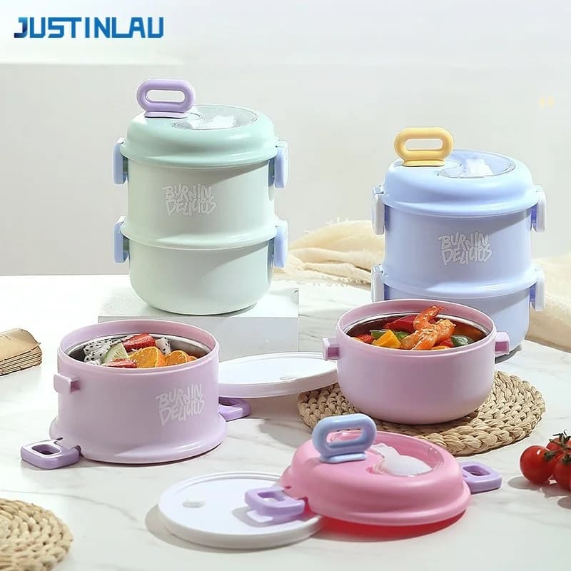 JUSTINLAU Double-layer Insulated Lunch Box 304 Stainless Steel Insulated Bucket with Spoon Porridge Fruits Snack Food Container