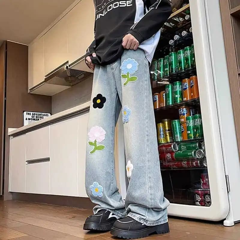 Jeans a Zampa d'Elefante da Uomo Stile Hip-Hop, Vita Media, Ricamo, Gamba Dritta, Casual, in Denim, Resistenti all'Usura, per l'Estate