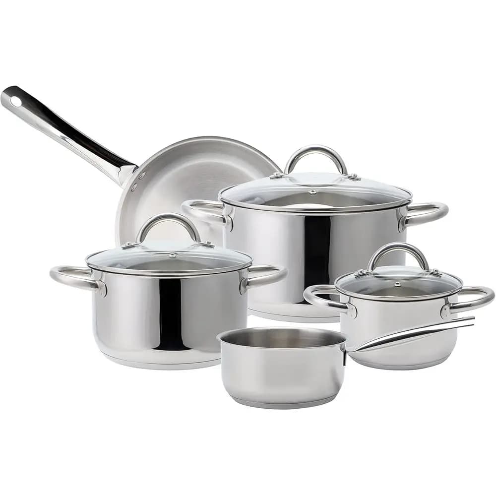 8-Piece Stainless Steel Induction Cookware Set with Glass Lids, Including 3 Saute Pans and Frying Pan, Compatible with All Cooke