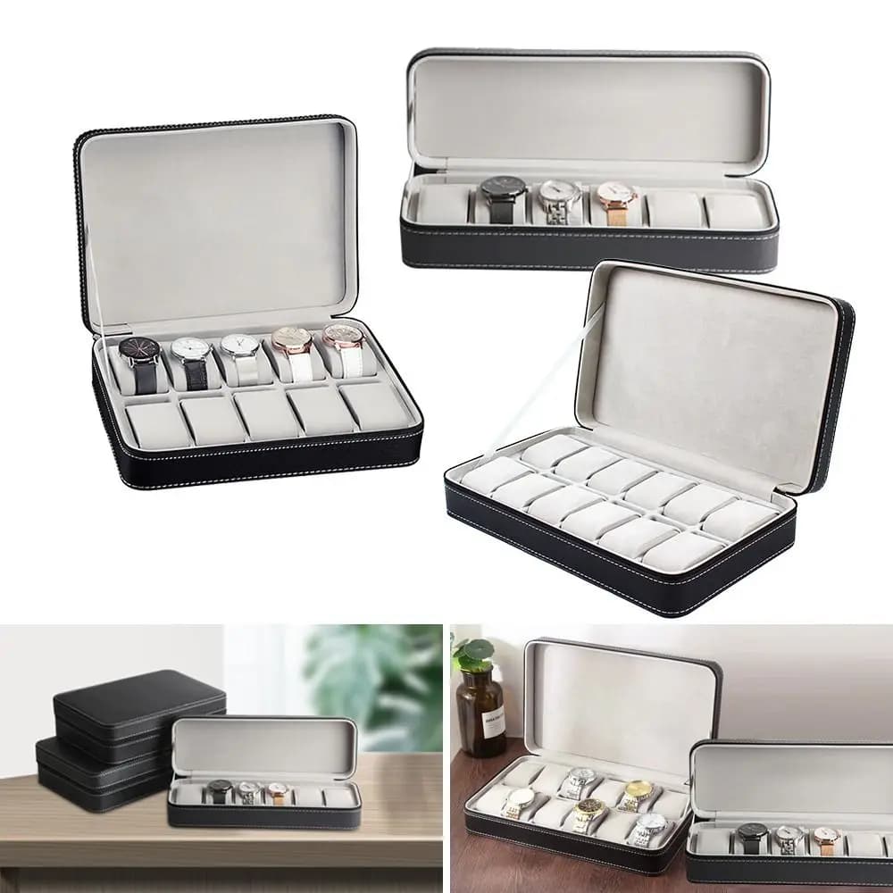 6/10/12 Bit PU Leather Watch Box Multifunctional Display Portable Zipper Watch Box Dust-proof Watch Storage Box Men Women Use