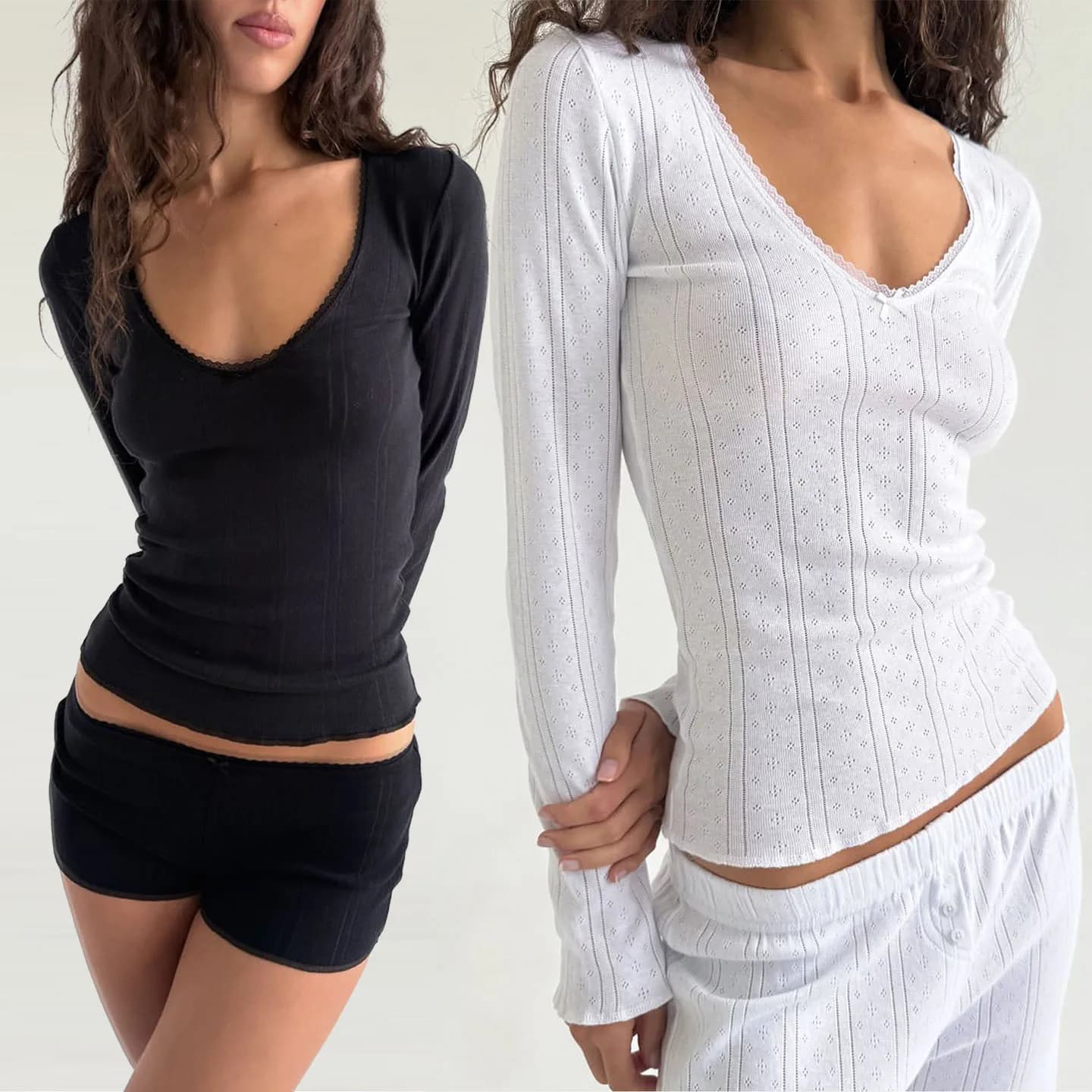 COUCOU Lunghe Sleeve Mesh with V Nere and White Nere Nera Neckline, Pizzo, Simple and Elegant, Base for Women, T-shirt 100% Cotton
