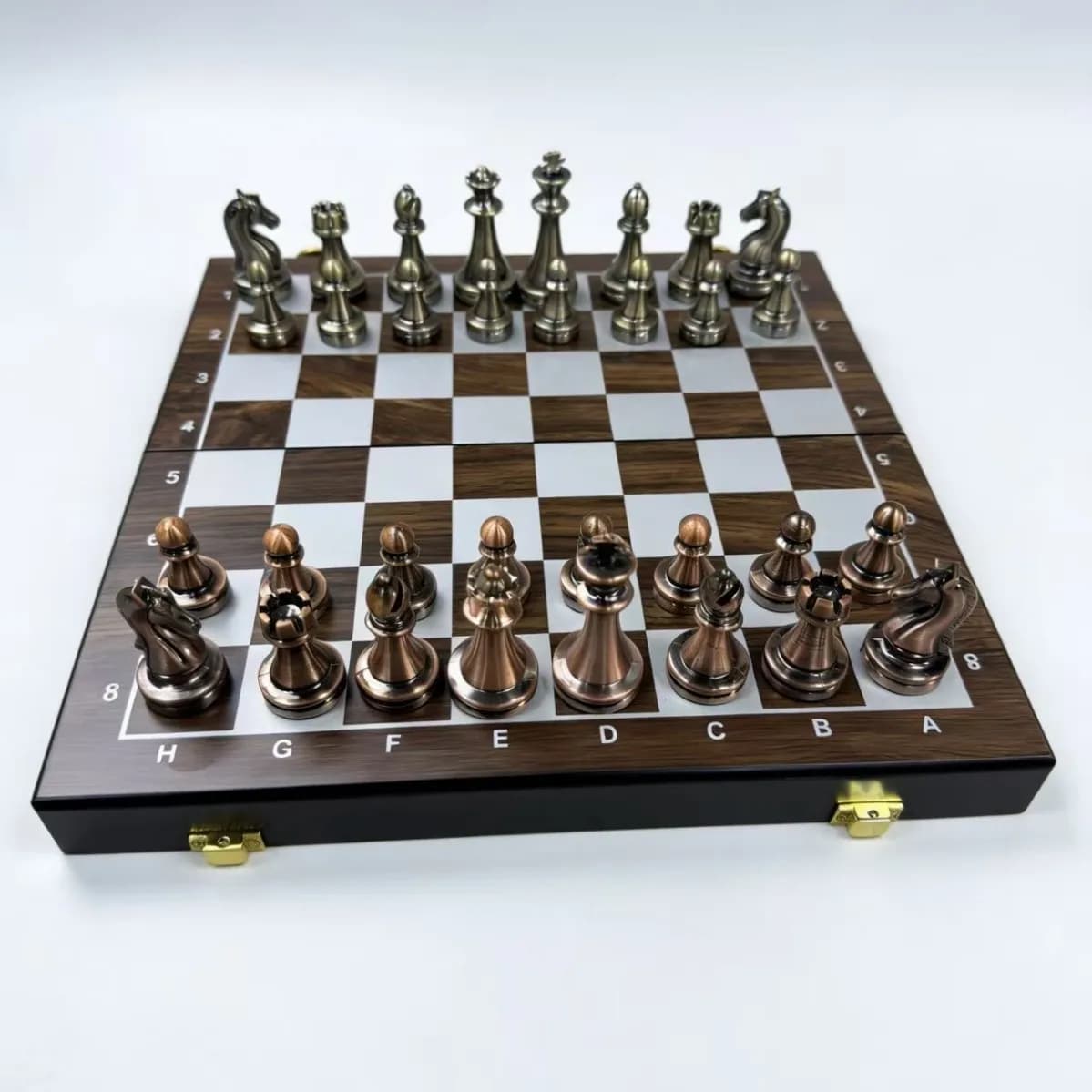 Metal Chess Set, Staunton Style Gold & Silver Chess Pieces with Foldable Wooden Storage Box, Portable International Chess Game