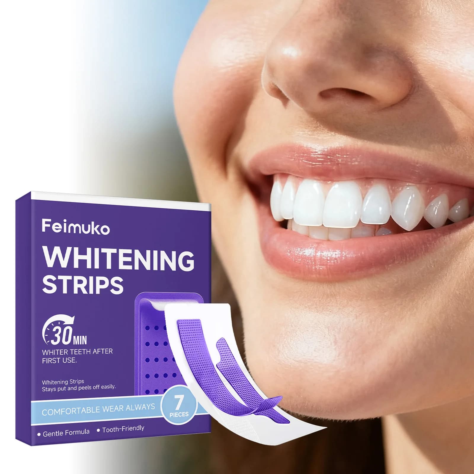 Strisce Sbiancanti per Denti Feimuko, Rimozione Placca, Macchie di Caffè e Tè, Alito Fresco, Igiene Orale per Denti Sensibili