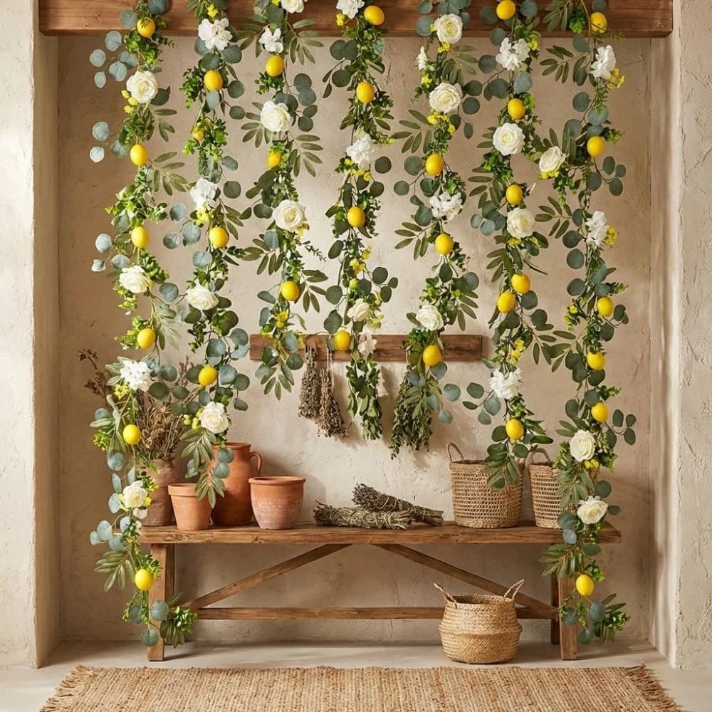 Eucalyptus Leaves Artificial Lemon Garland Greenery Lifelike Lemon Vine Decor Realistic Handmade Fake Plant Outdoor Decor