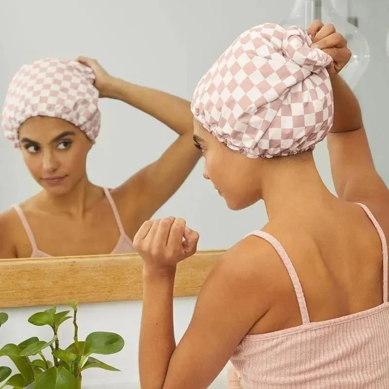 Spa Set - Satin Lined Reusable Waterproof Shower Cap and XL Quick Dry Hair Towel Wrap for Women, Microfiber Towel, Flexi Shower Cap For All Hair Types - Terracotta Checker