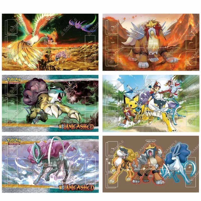 PTCG Tre Sagri Serie 600x350mm Gioco di carte collezionabili Tappetino Suicune Entei Raikou Leggendario Cani Gioco da tavolo in gomma Tappetino Giocattolo Regali