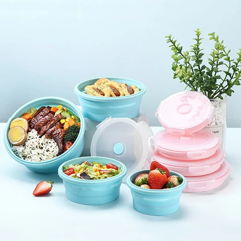 Scatola da pranzo pieghevole rotonda in silicone da 4 pezzi, ciotola pieghevole per microonde, contenitore per alimenti pieghevole portatile, insalatiera con coperchio