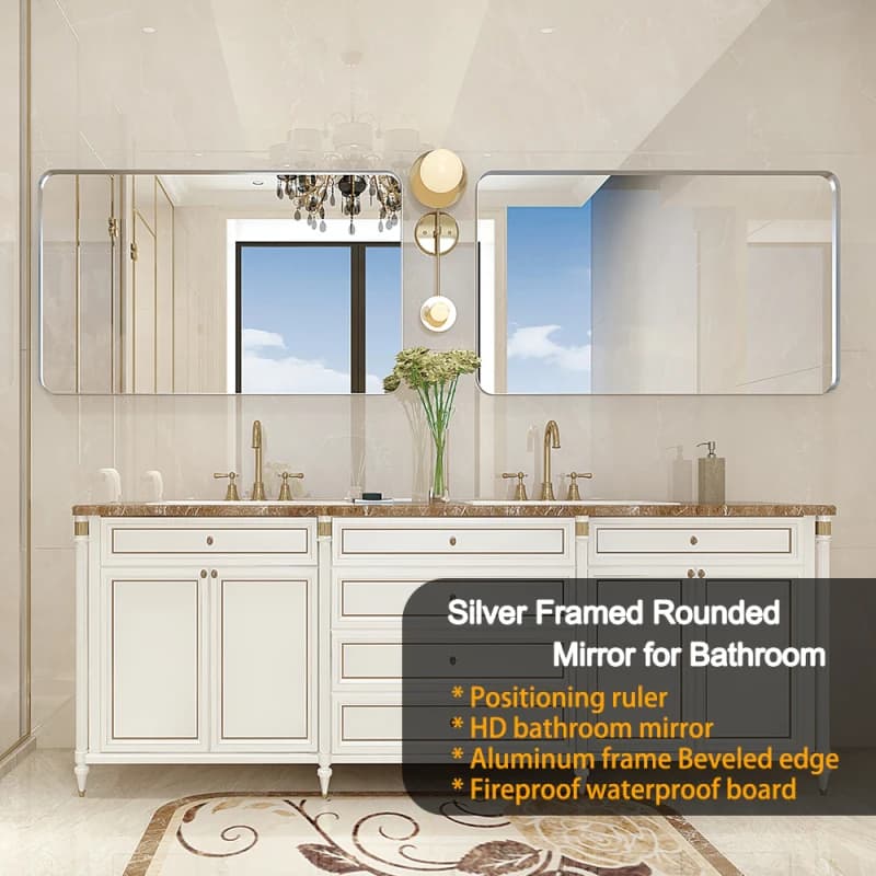 Specchio da bagno rettangolare ad angolo arrotondato in argento spazzolato da 40x30 pollici per specchio da bagno a parete con struttura in metallo da parete