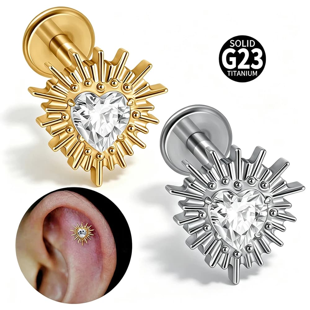 16G ASTM F136 Solid G23 Titanium Internal‑Thread Heart Sunburst Zircon Cartilage Stud Tragus Helix Conch Labret Piercing Jewelry