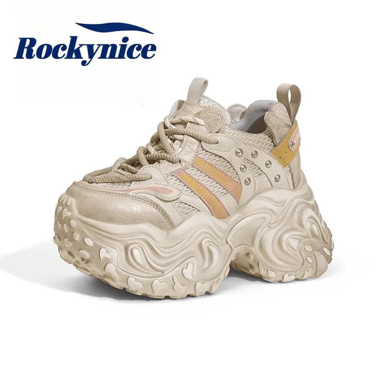 New Women Autumn Chunky Sneakers Mesh Breathable Casual Dad Shoes Retro Make Old Leather Walking Shoes Zapatillas De Mujer 9CM