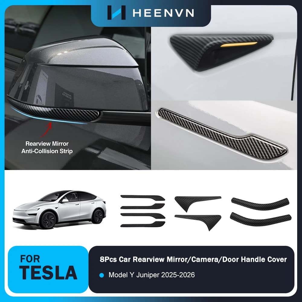 Heenvn 8Pcs ABS Car Door Handle Cover For Tesla Model Y Juniper 2026 Anti-scratch Leaf Board Camera Rearview Mirror Protector