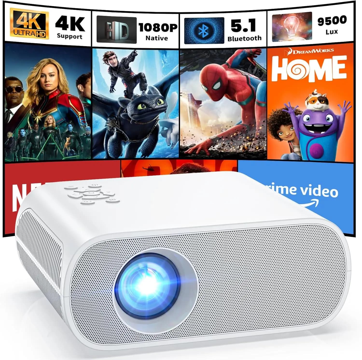Proiettore Bluetooth Full HD 1080P con Altoparlante, 9500 Lumen, Mini Proiettore Portatile per Esterni, Compatibile con Laptop, Smartphone, TV Stick