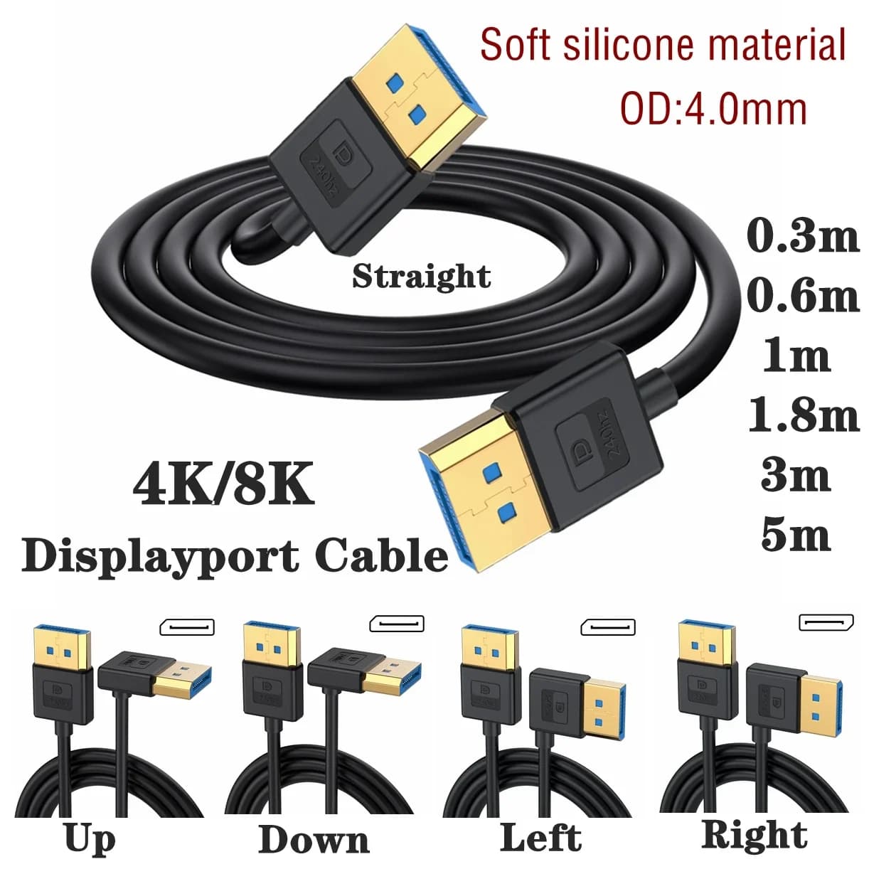 Displayport 1.4 cable at right angle of 90 degrees DP male at Displayport male silicone cable with 8K/60Hz,4K/144Hz Support 0.3 m 1 m 5 m