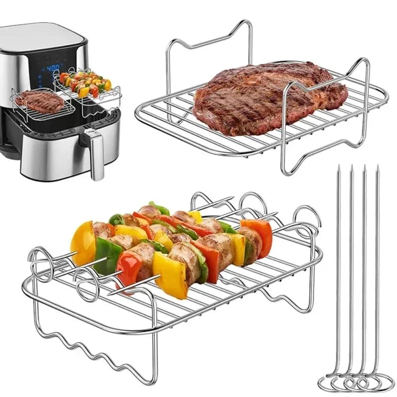 Nuovo Vassoio per Cottura con Spiedini, Supporto in Acciaio Inox per Friggitrice ad Aria, Griglia BBQ a Doppio Piano, Accessori per Friggitrice ad Aria Domestica
