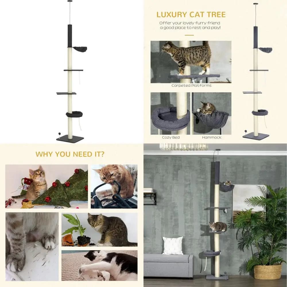 Torre per Gatti a 5 Livelli Regolabile, Altezza 95-106 cm, con Piattaforme, Letto, Amaca, Tiragraffi e Giocattolo per Gatti da Interno, Grigio Scuro