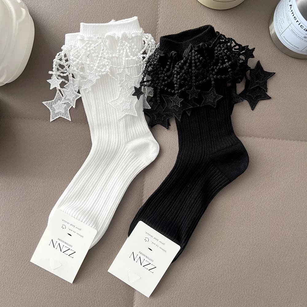Socks with 2 star tassels, decorative jewelry, European cotton socks light for spring and autumn, women's socks, lace socks