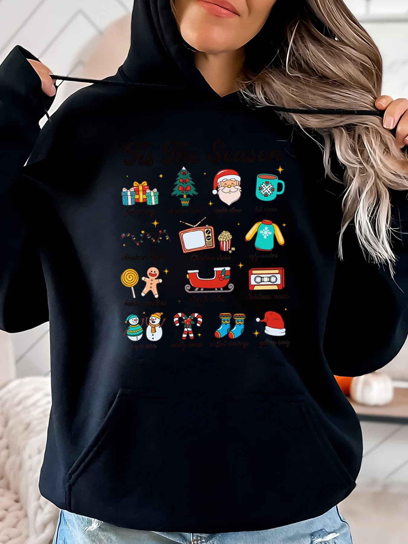Christmas icons and lyrics Christmas season hoodie Women casual clothing Winter outfit Black Strong cuts