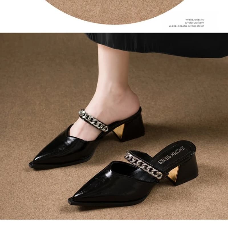 Summer New Sandals Baotou Toe Toe Surface Mouth Metal Chain A non-slip strap Outer clothing non-slip Square heels High heels