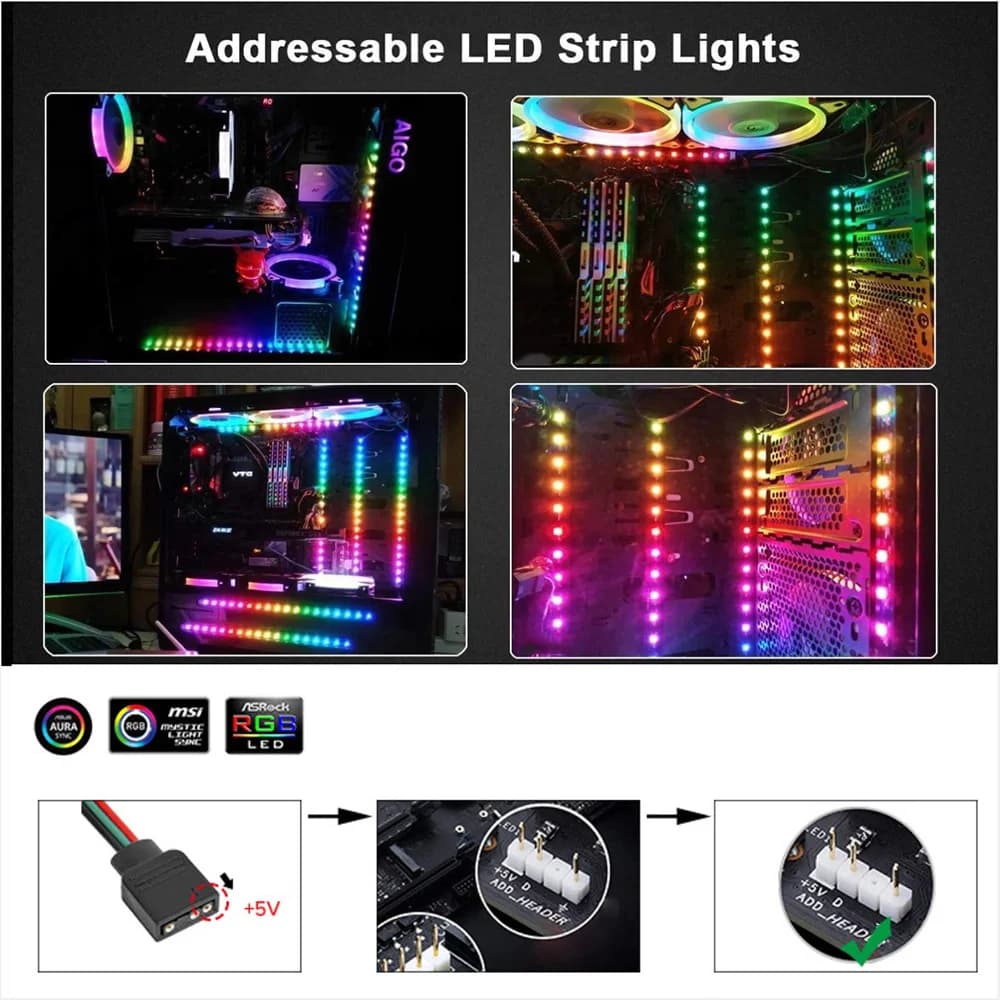 Striscia LED Digitale ARGB 5V 3 Pin WS2812 per Case PC, Compatibile con Asus Aura Sync RGBIC Fusion MSI Mystic 5V