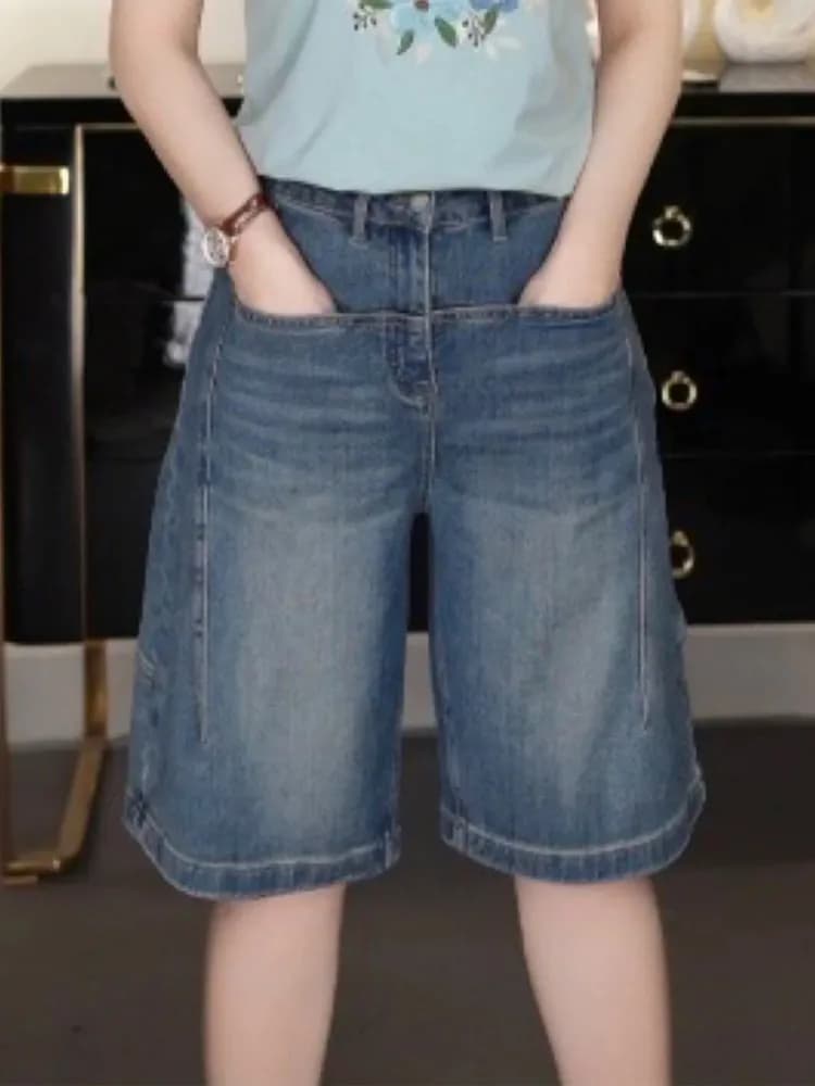 High Waist Straight Leg Five Inch Shorts Women's Denim Jeans Loose Fit Summer Casual Wear Resistant Medium Washed Pure Color