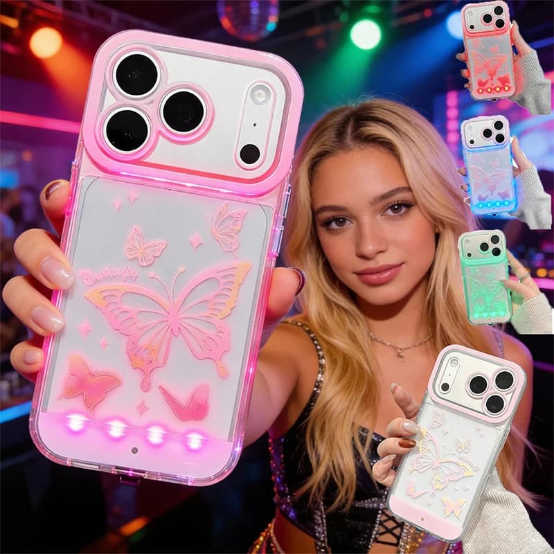 Custodia LED Luminosa Vibrante per iPhone 11-17 Pro Max, Cover Luminosa Attivabile dal Suono con Fiocco, Antiurto e Protettiva